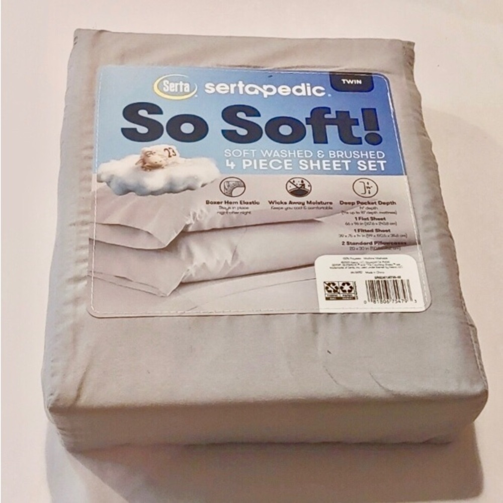 NEW! SERTA So Soft TWIN 4 pc Sheet Set - Light Gray Deep Pocket BONUS Pillowcase